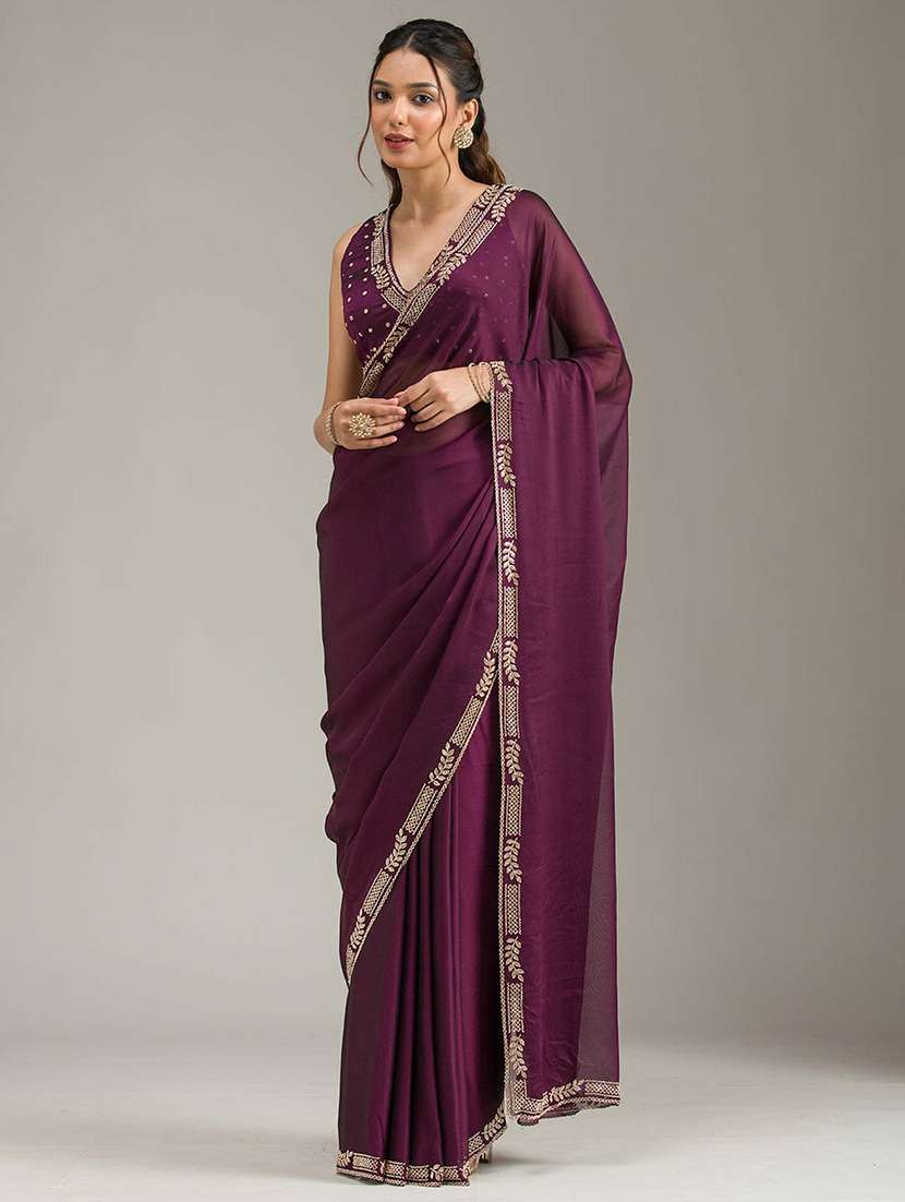 women solid with embellished bordered saree with blouse