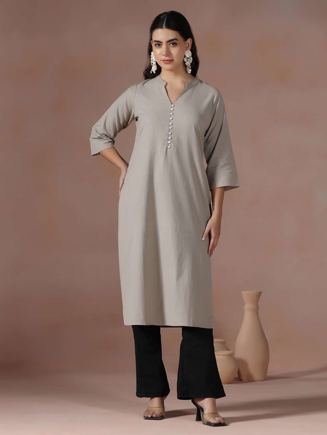women solid three quarter sleeve straight kurta  - 22267744 -  Standard Image - 1