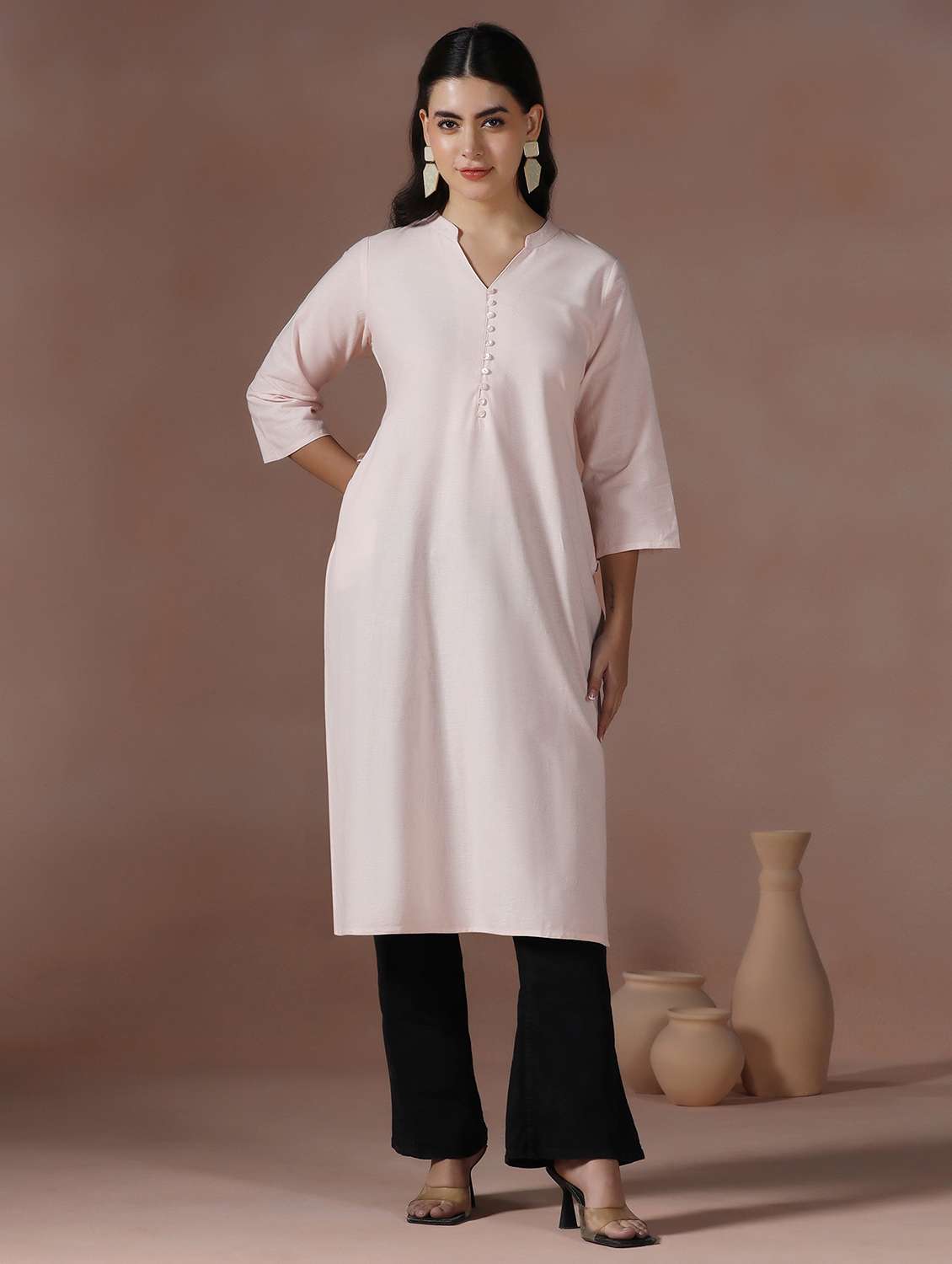women solid three quarter sleeve straight kurta  - 22267745 -  Standard Image - 1
