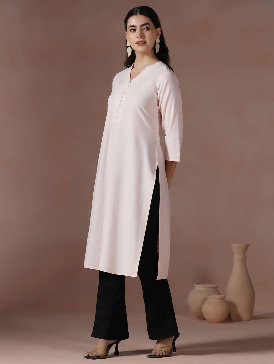 women solid three quarter sleeve straight kurta  - 22267745 -  Standard Image - 4