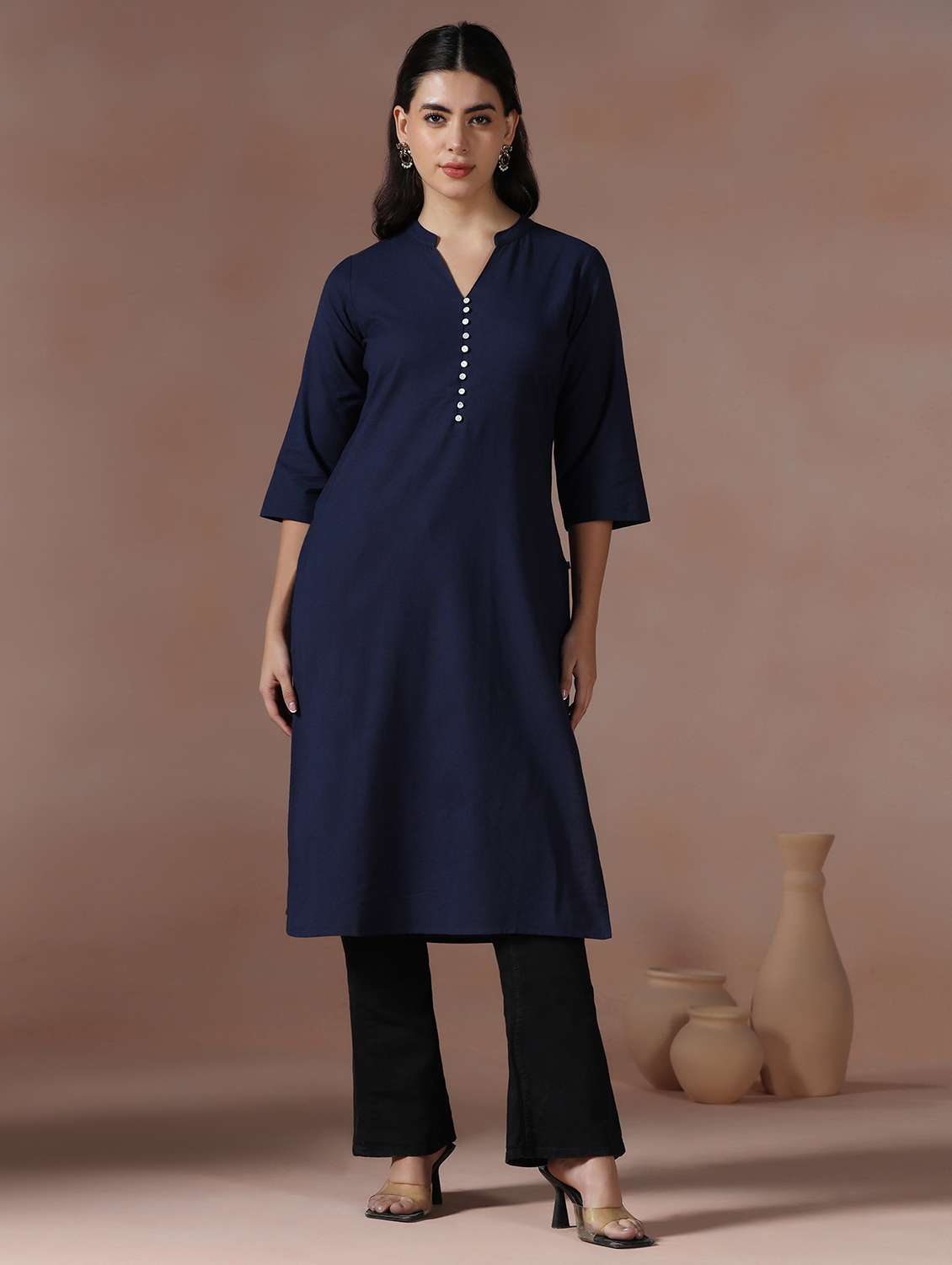 women solid three quarter sleeve straight kurta  - 22267746 -  Standard Image - 1