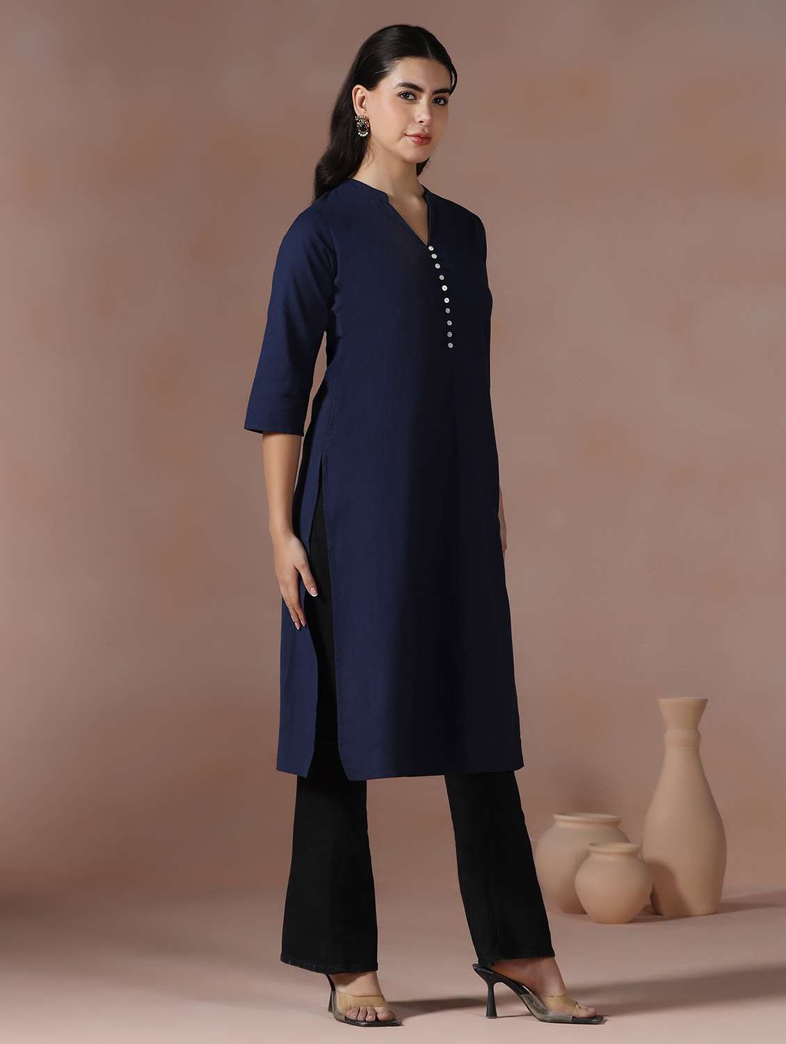 women solid three quarter sleeve straight kurta  - 22267746 -  Standard Image - 4