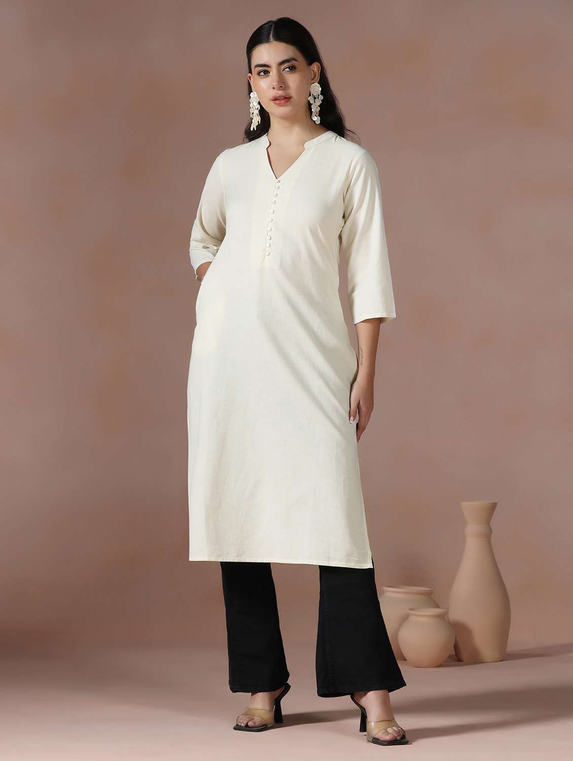 women solid three quarter sleeve straight kurta  - 22267747 -  Standard Image - 1