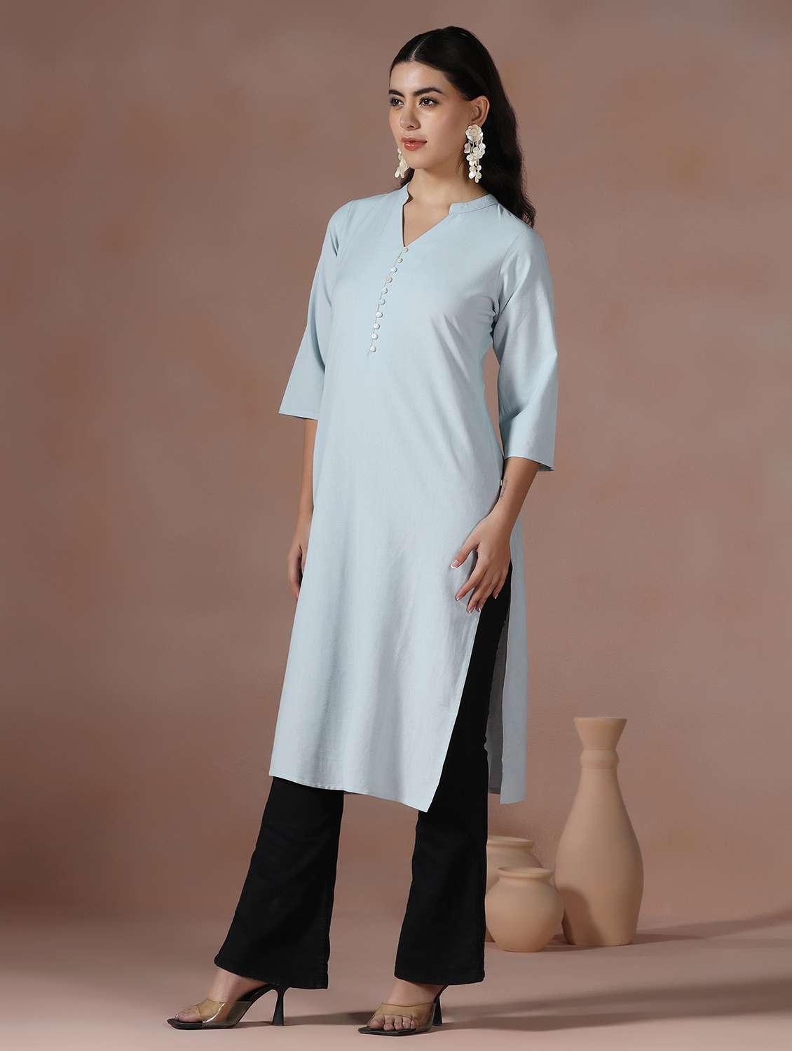women solid three quarter sleeve straight kurta  - 22267748 -  Standard Image - 1