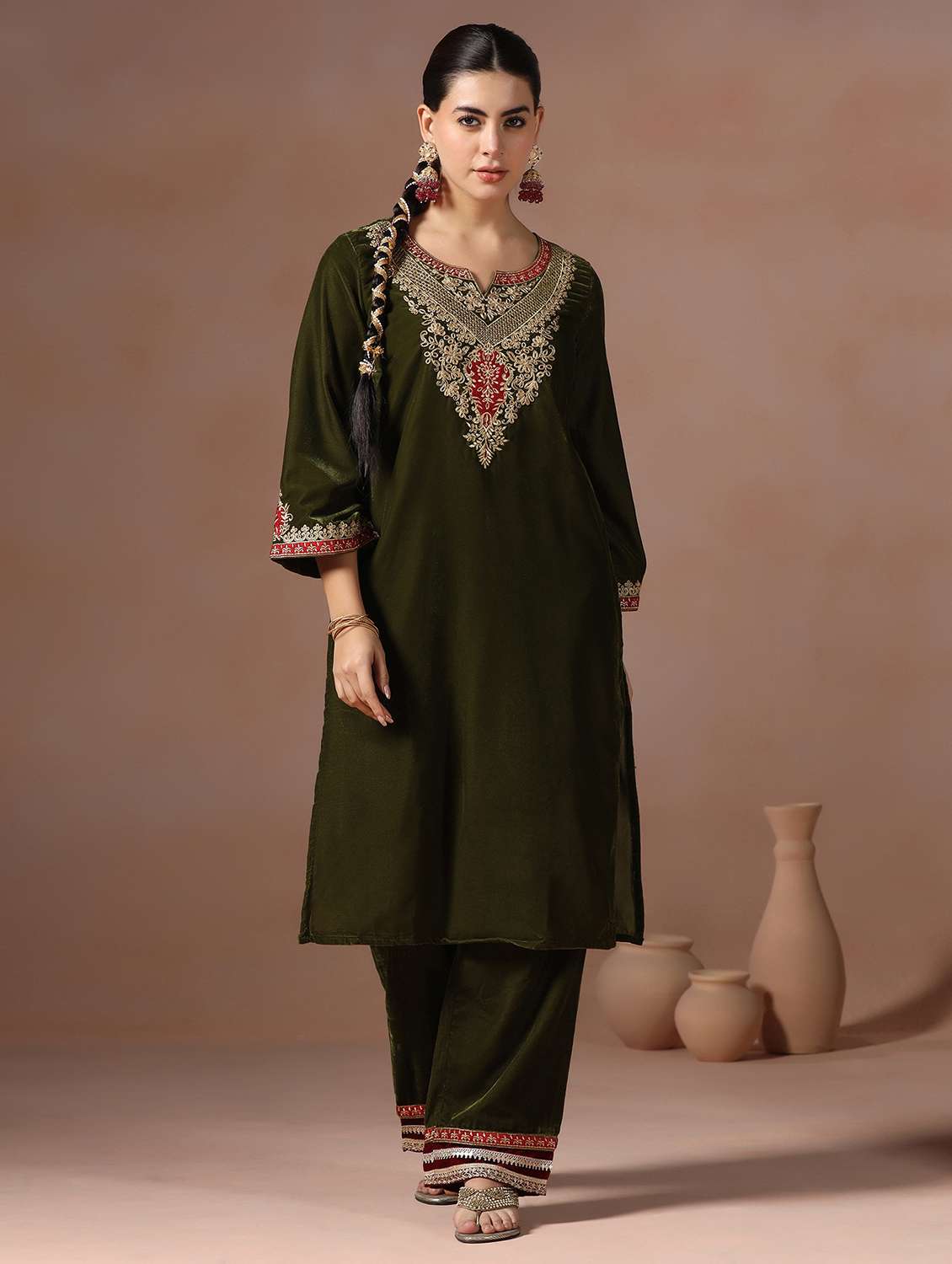 women solid with work long sleeve kurta pant with dupatta set - 22267774 -  Standard Image - 1