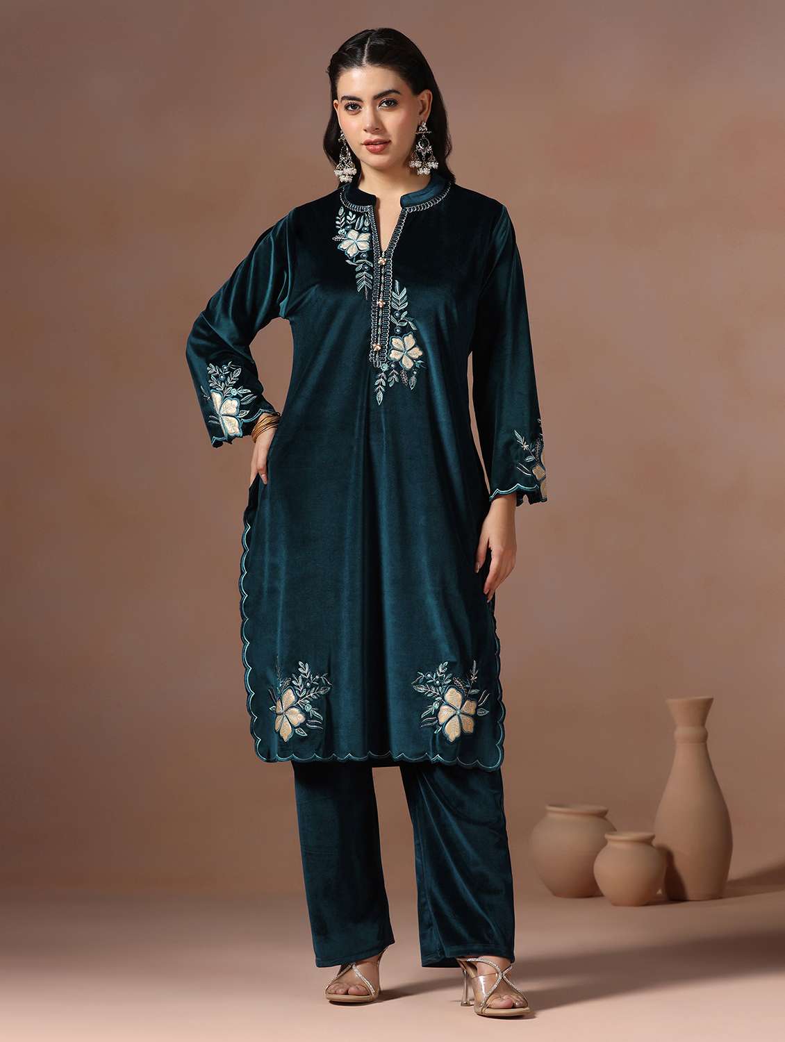 women solid with work long sleeve kurta pant with dupatta set - 22267784 -  Standard Image - 1