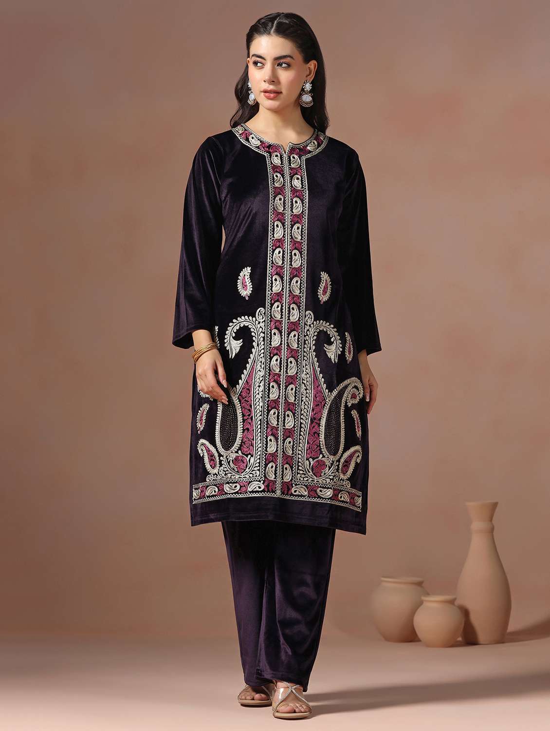 women solid with work long sleeve kurta pant with dupatta set - 22267789 -  Standard Image - 1