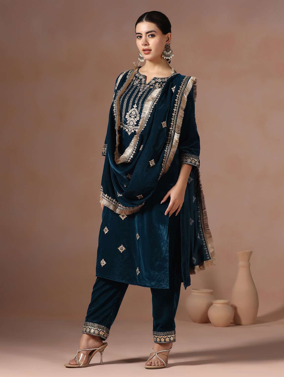 women solid with work long sleeve kurta pant with dupatta set - 22267809 -  Standard Image - 1
