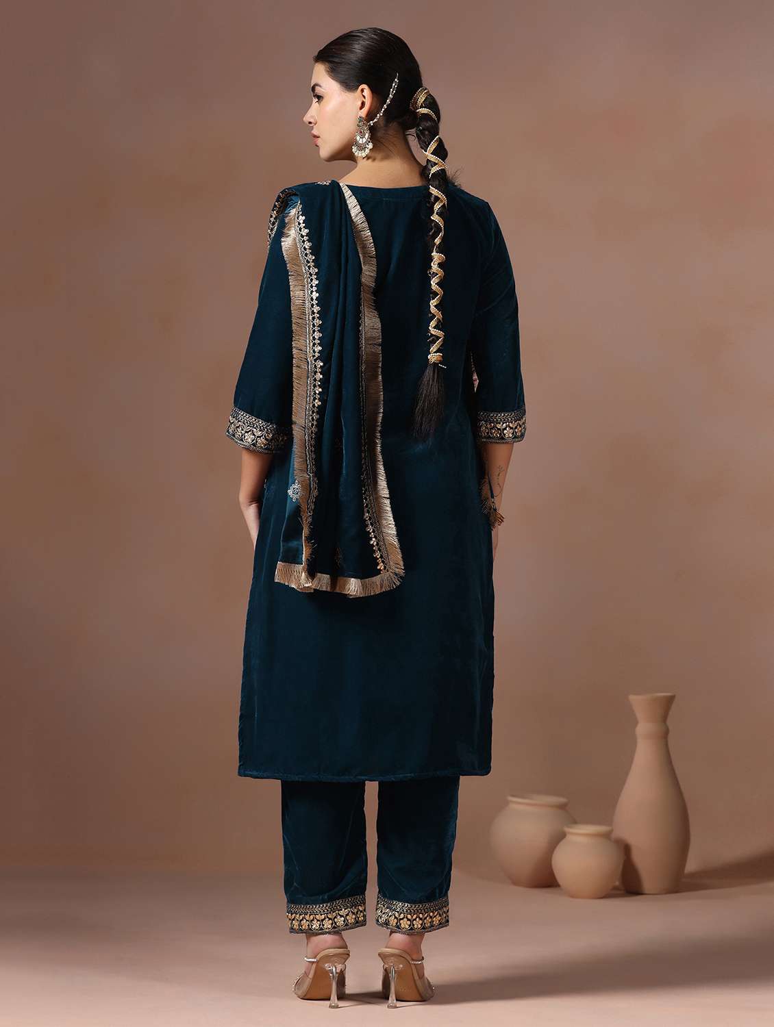 women solid with work long sleeve kurta pant with dupatta set - 22267809 -  Standard Image - 4