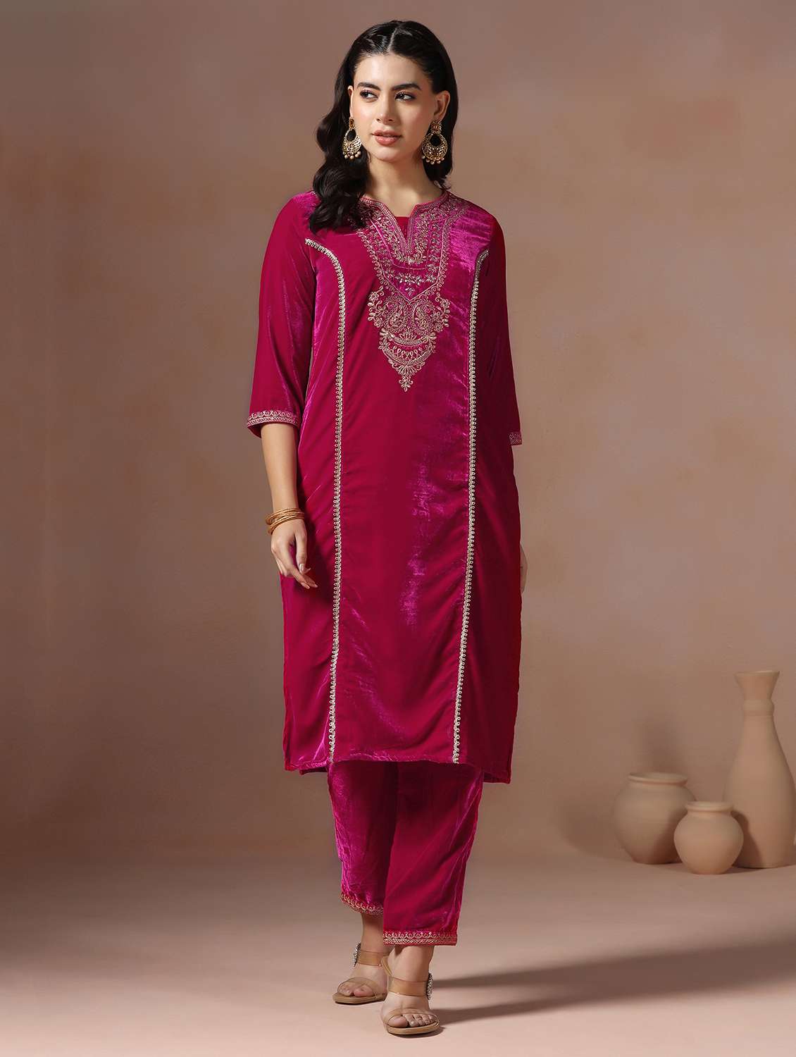 women solid with work three quarter sleeve kurta pant with dupatta set - 22267810 -  Standard Image - 1