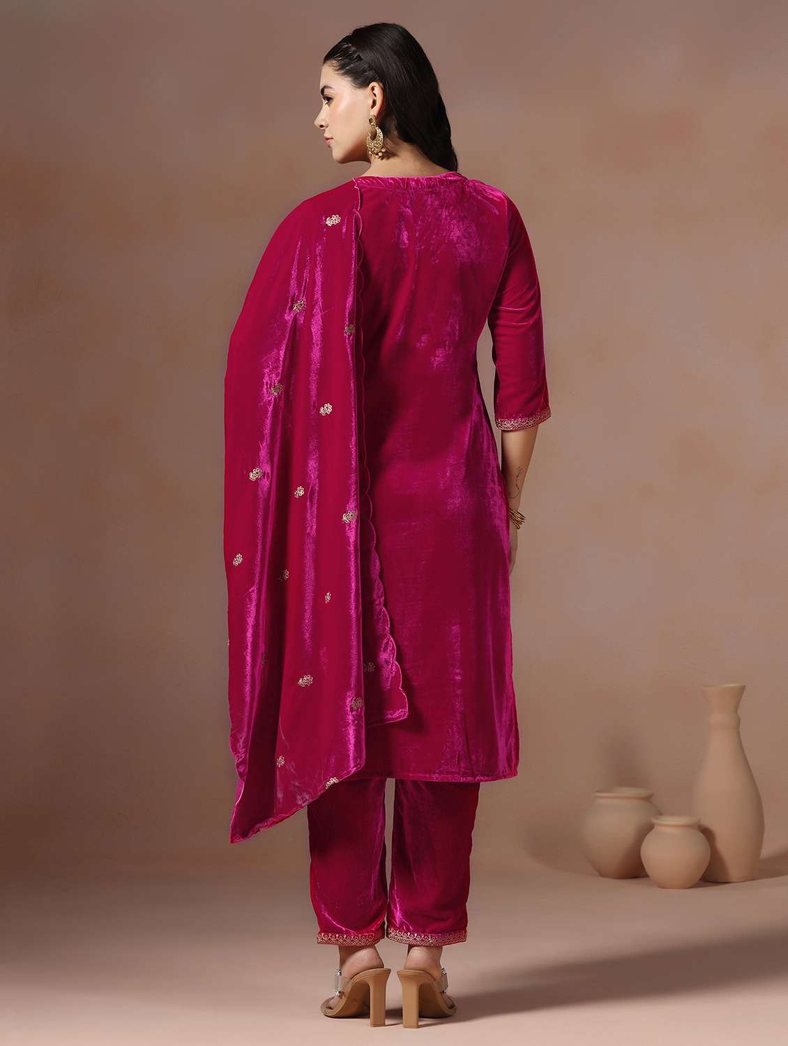 women solid with work three quarter sleeve kurta pant with dupatta set - 22267810 -  Standard Image - 4