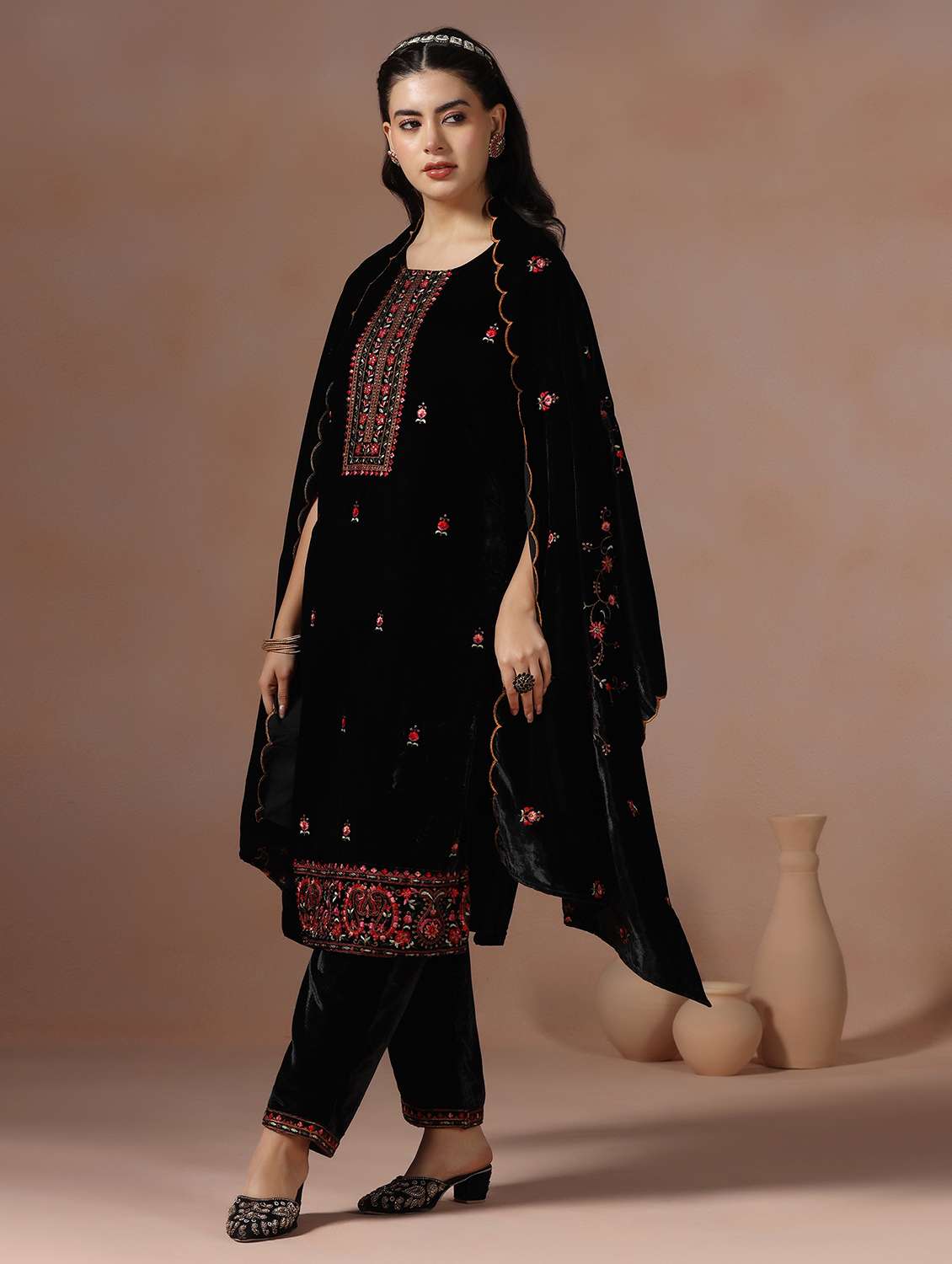 women solid with work three quarter sleeve kurta pant with dupatta set - 22267811 -  Standard Image - 1