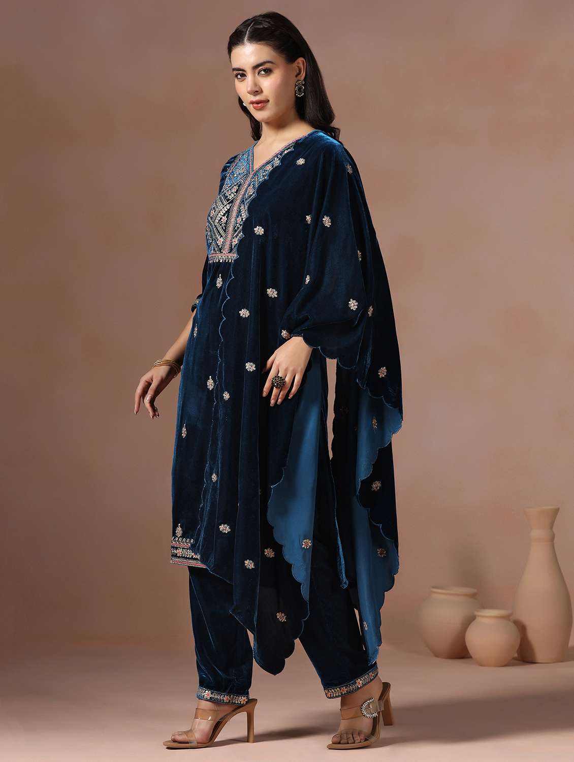 women solid with work three quarter sleeve kurta pant with dupatta set - 22267812 -  Standard Image - 1