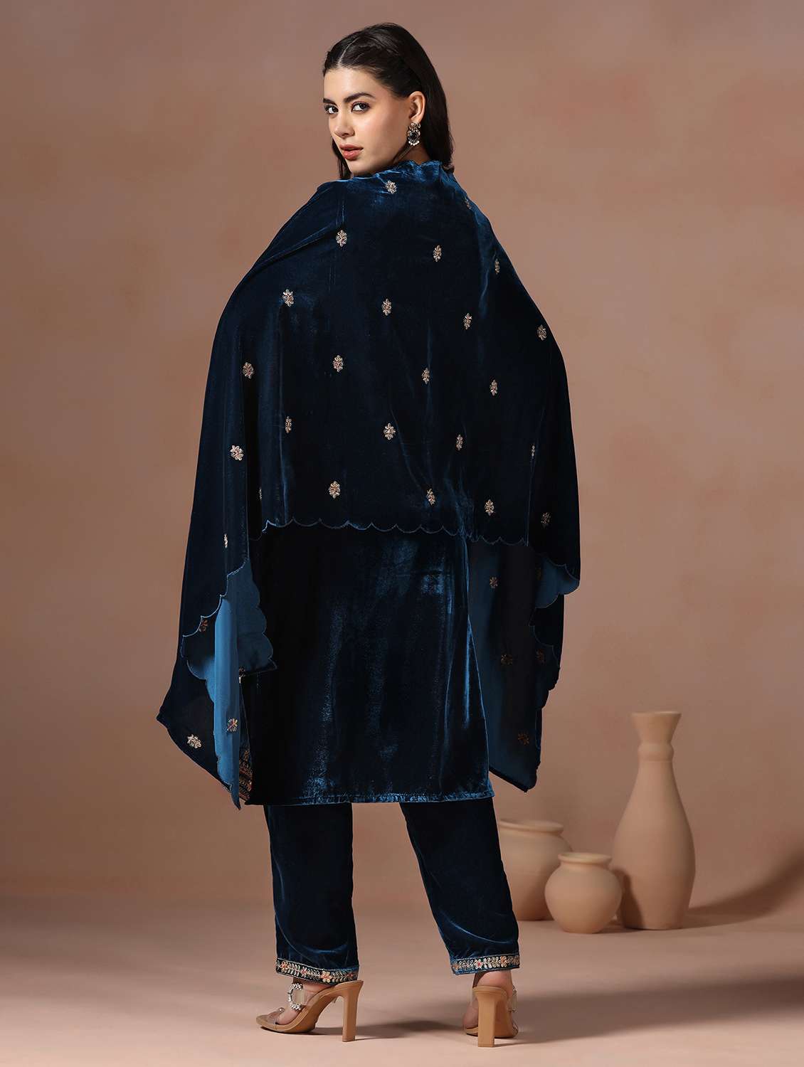 women solid with work three quarter sleeve kurta pant with dupatta set - 22267812 -  Standard Image - 4