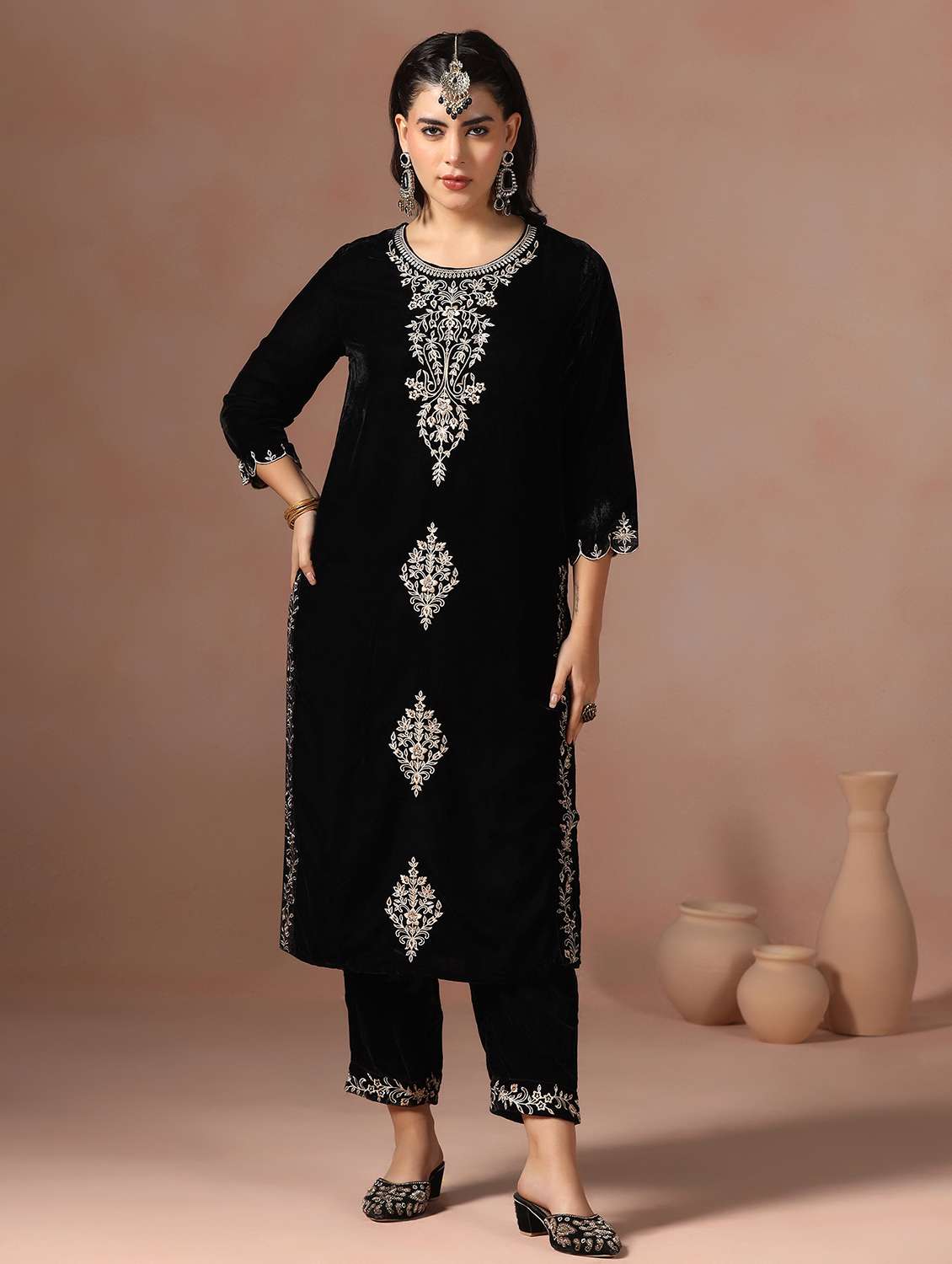 women solid with work three quarter sleeve kurta pant with dupatta set - 22267813 -  Standard Image - 1