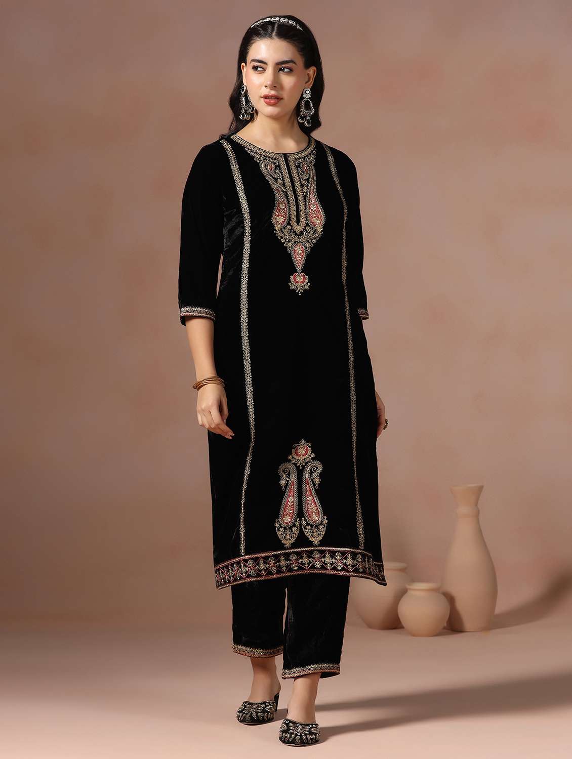 women solid with work three quarter sleeve kurta pant with dupatta set - 22267814 -  Standard Image - 1