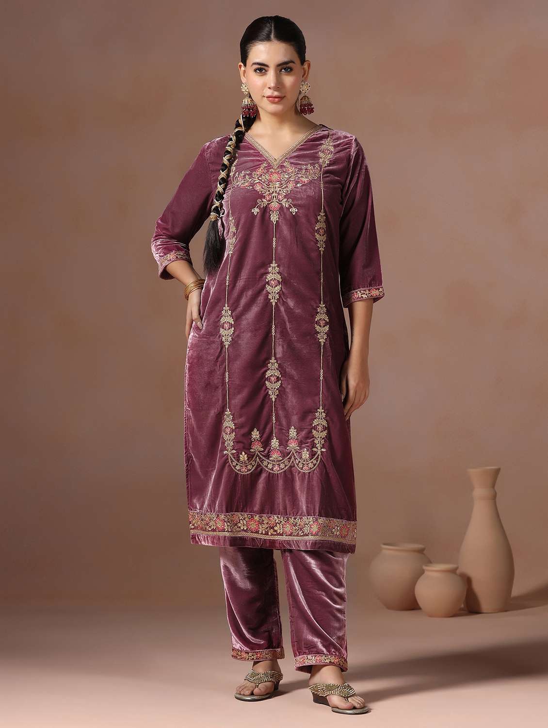 women solid with work three quarter sleeve kurta pant with dupatta set - 22267815 -  Standard Image - 1