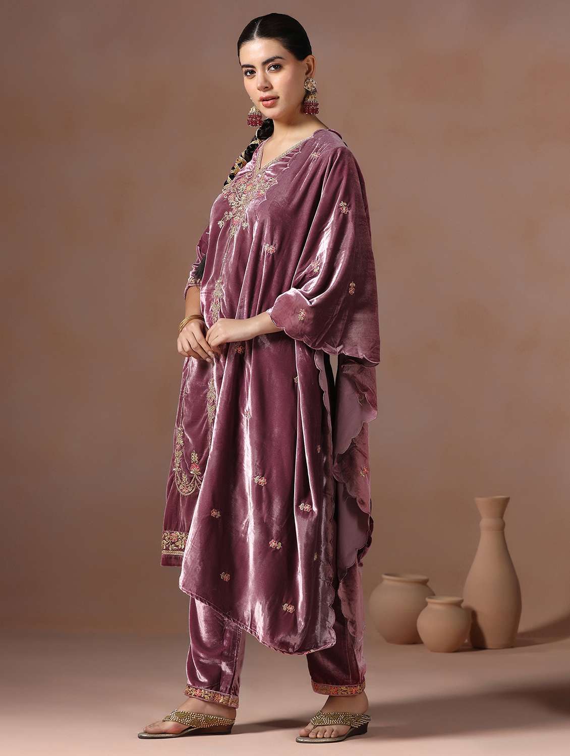 women solid with work three quarter sleeve kurta pant with dupatta set - 22267815 -  Standard Image - 4