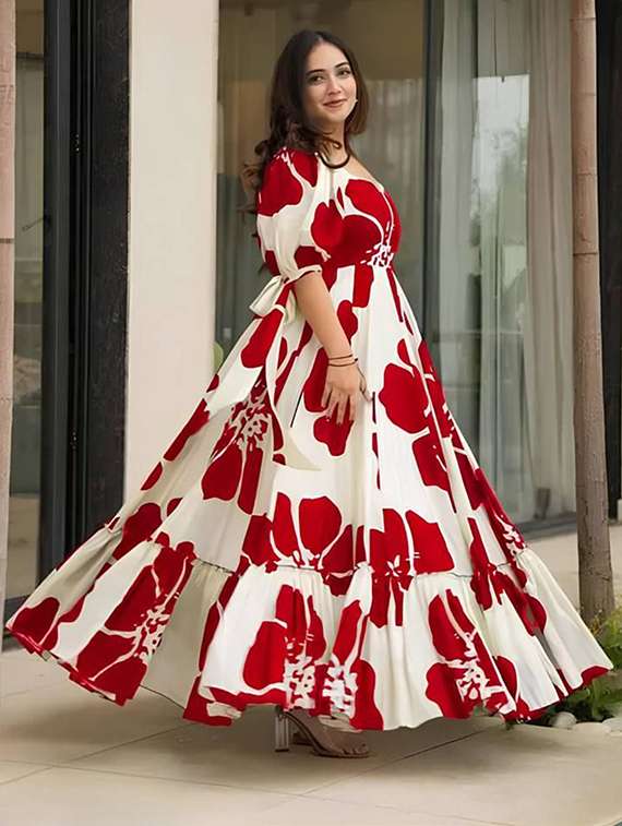 women floral print puff sleeve tiered dress - 22267992 -  Standard Image - 1