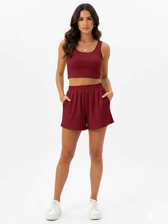 women solid top and shorts co-ord set