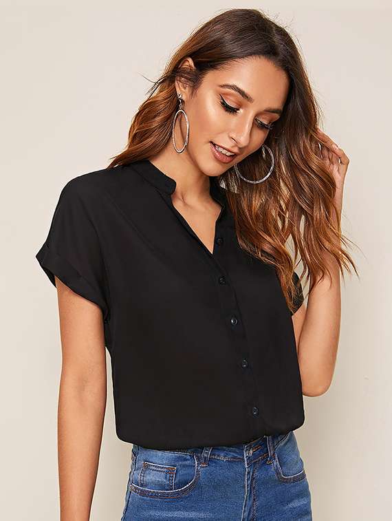 women solid mandarin neck short sleeve top - 22268026 -  Standard Image - 1