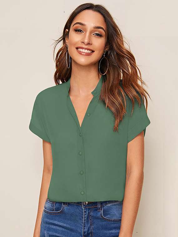 women solid mandarin neck short sleeve top