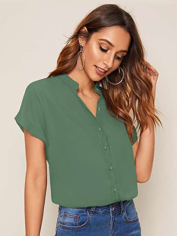 women solid mandarin neck short sleeve top - 22268027 -  Standard Image - 1