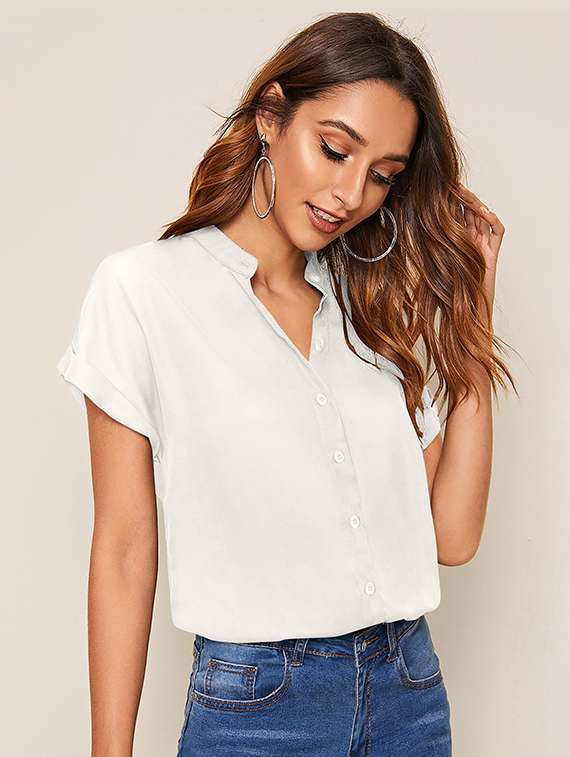 women solid mandarin neck short sleeve top - 22268028 -  Standard Image - 1