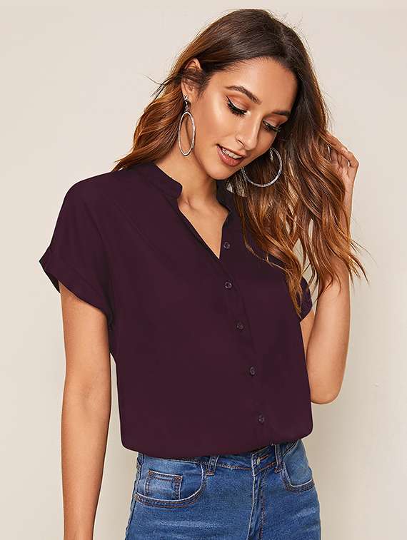 women solid mandarin neck short sleeve top - 22268029 -  Standard Image - 1