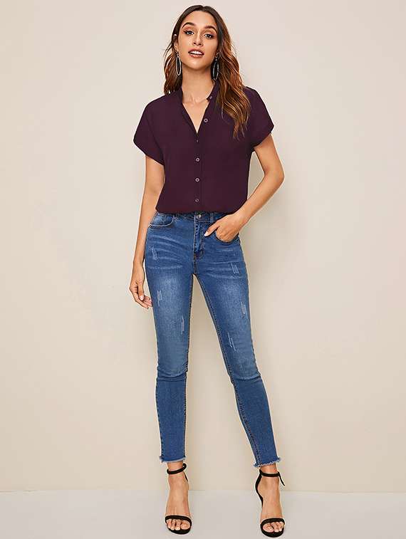 women solid mandarin neck short sleeve top - 22268029 -  Standard Image - 4