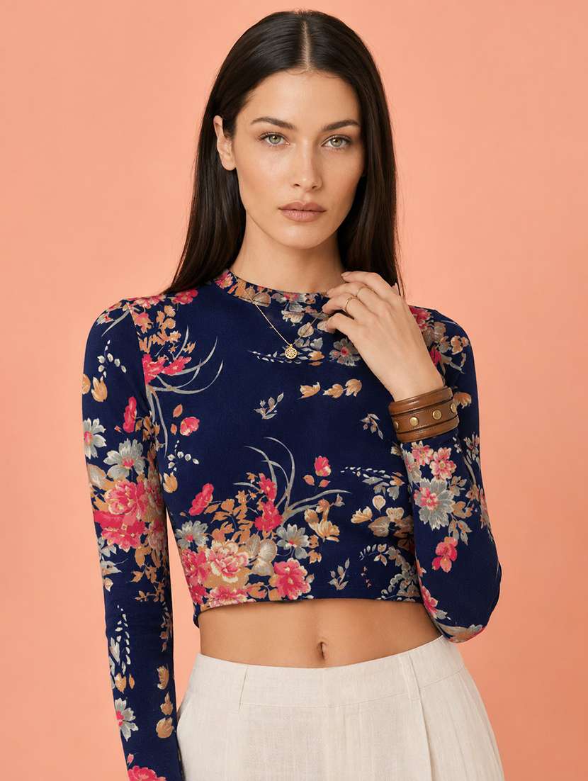women floral print long sleeve crop top