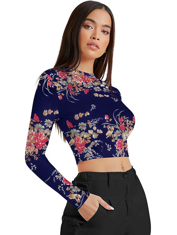 women floral print long sleeve crop top - 22268030 -  Standard Image - 1