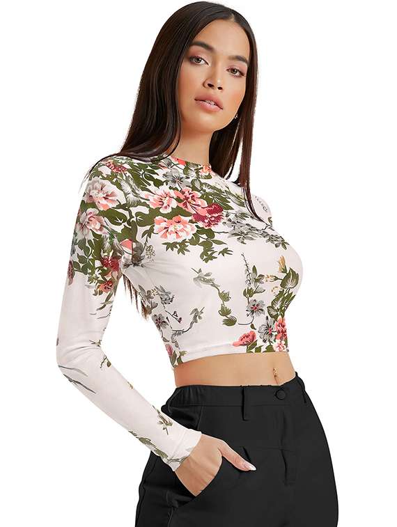 women floral print long sleeve crop top - 22268031 -  Standard Image - 1