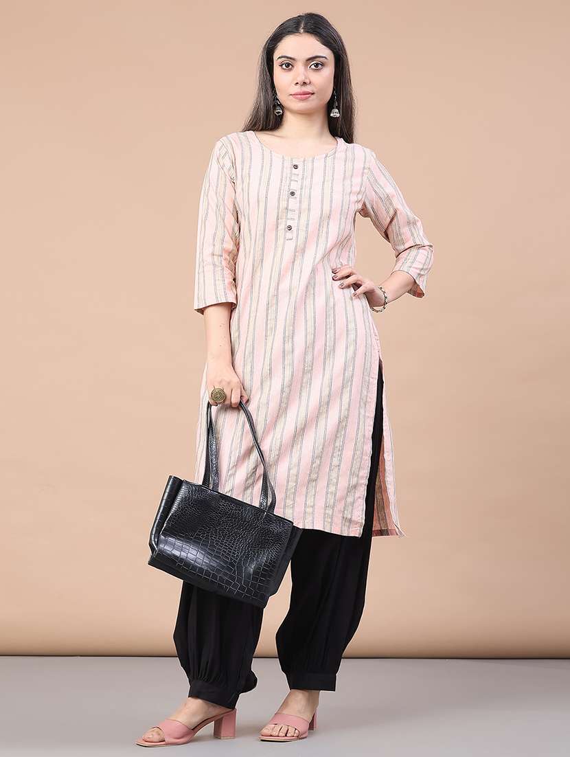 women striped three quarter sleeve straight kurta - 22268292 -  Standard Image - 1