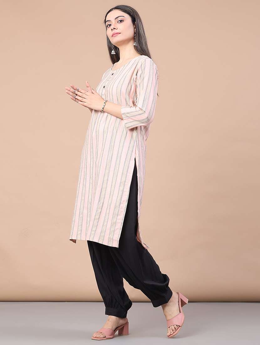 women striped three quarter sleeve straight kurta - 22268292 -  Standard Image - 4