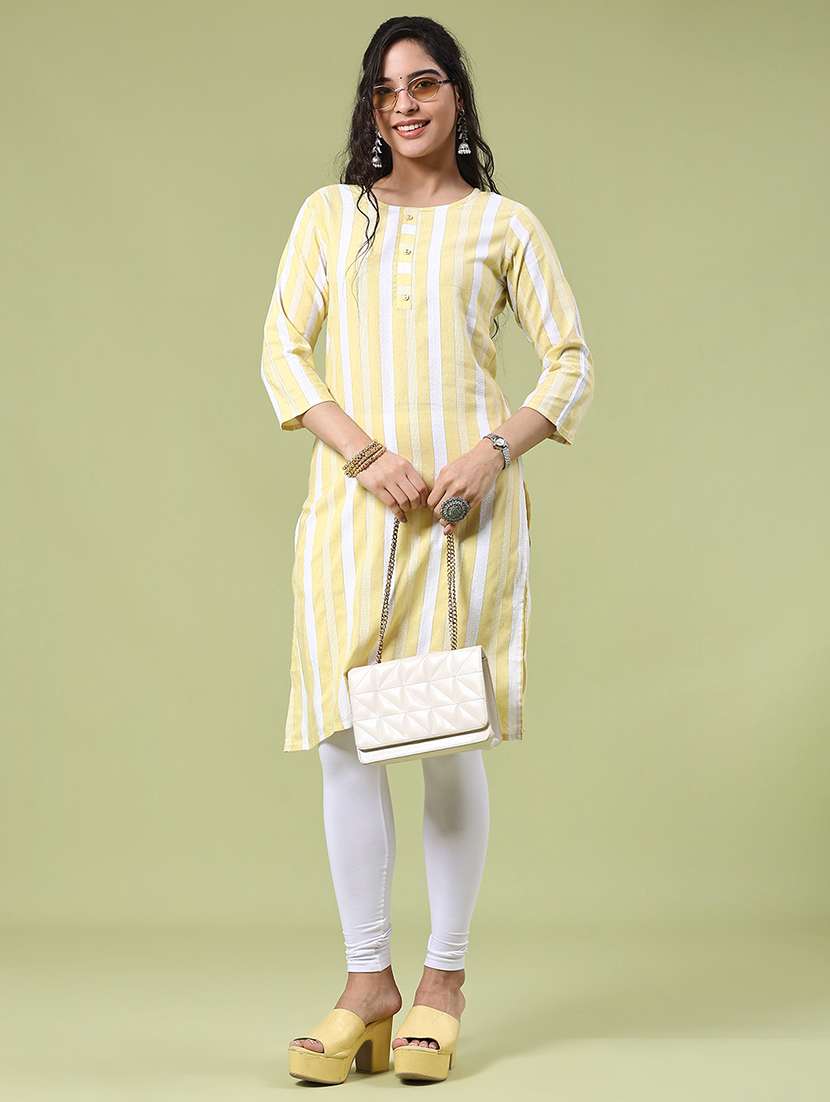 women striped three quarter sleeve straight kurta