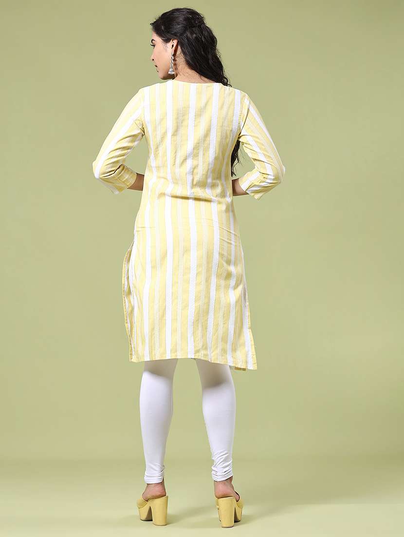 women striped three quarter sleeve straight kurta - 22268295 -  Standard Image - 4