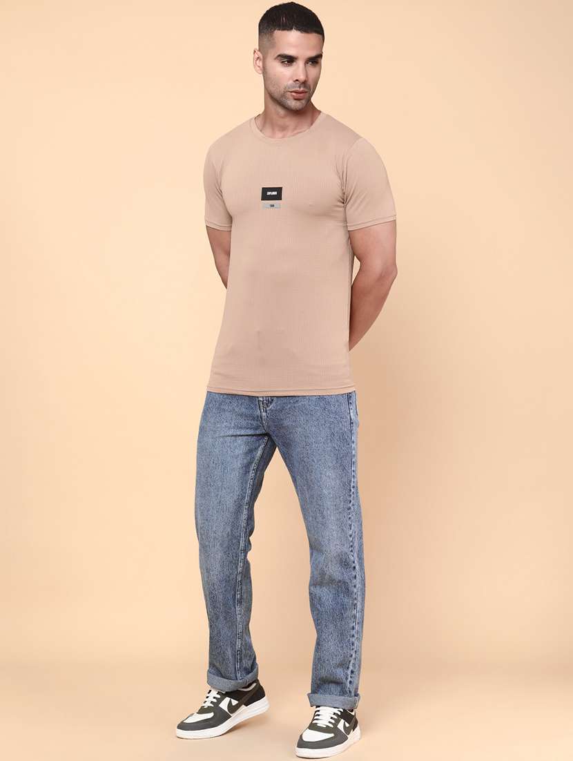 Men Beige Polyester Plain T-shirt - 22268484 -  Standard Image - 4