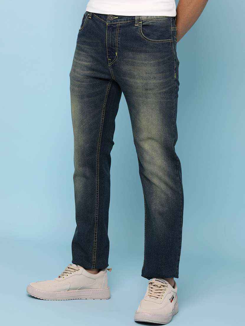 men washed mid rise full length straight jeans