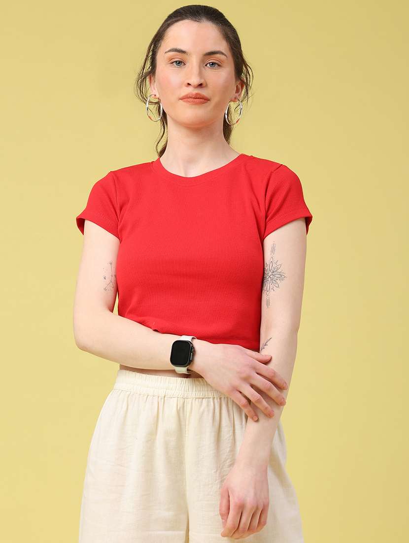 women solid short sleeve crop t-shirt - 22268519 -  Standard Image - 1