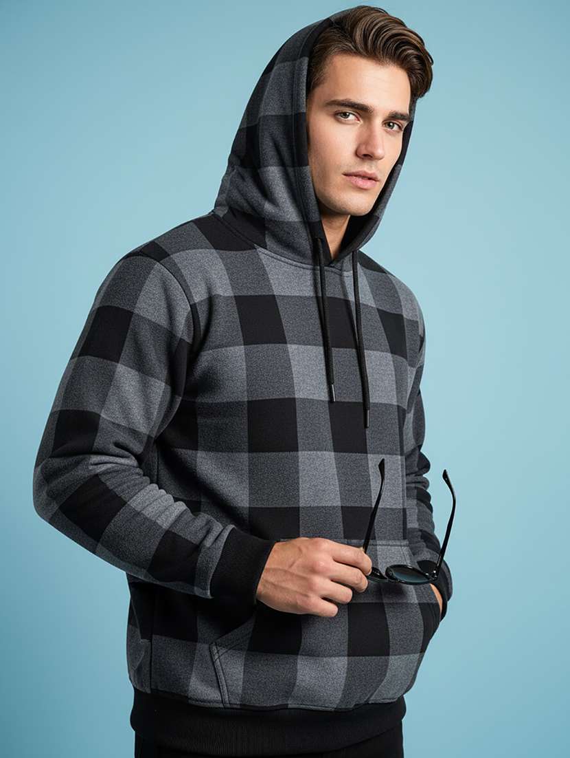 men checkered long sleeve hooded sweatshirt - 22268673 -  Standard Image - 1