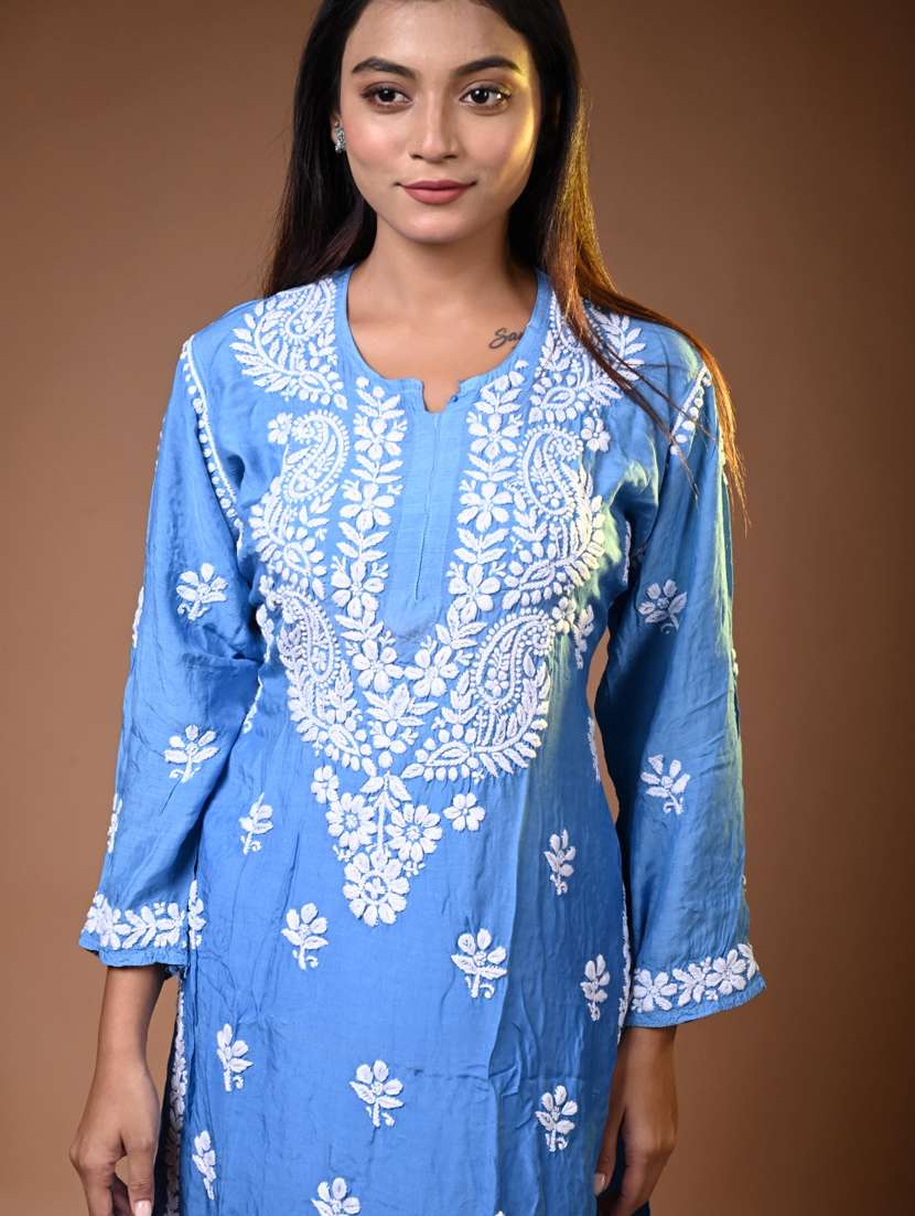 women long sleeve straight chikankari kurta - 22268684 -  Standard Image - 1