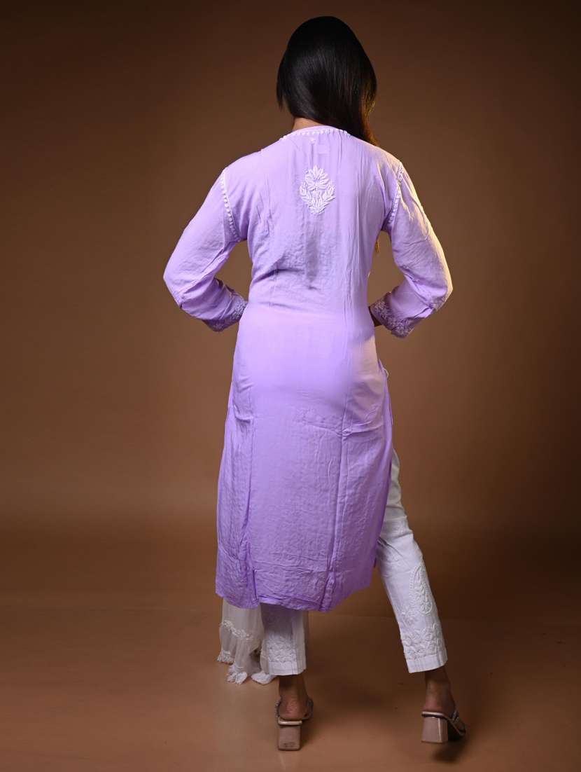 women solid with work long sleeve chikankari straight kurta - 22268691 -  Standard Image - 1