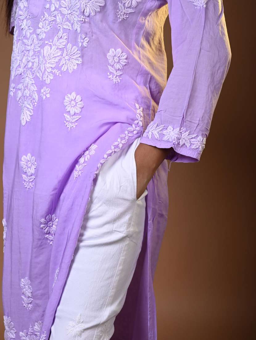 women solid with work long sleeve chikankari straight kurta - 22268691 -  Standard Image - 4