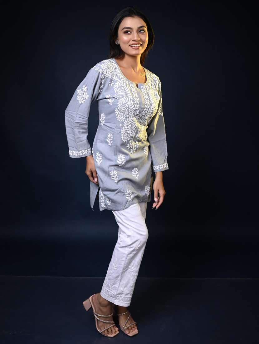 women long sleeve straight chikankari kurti - 22268716 -  Standard Image - 1