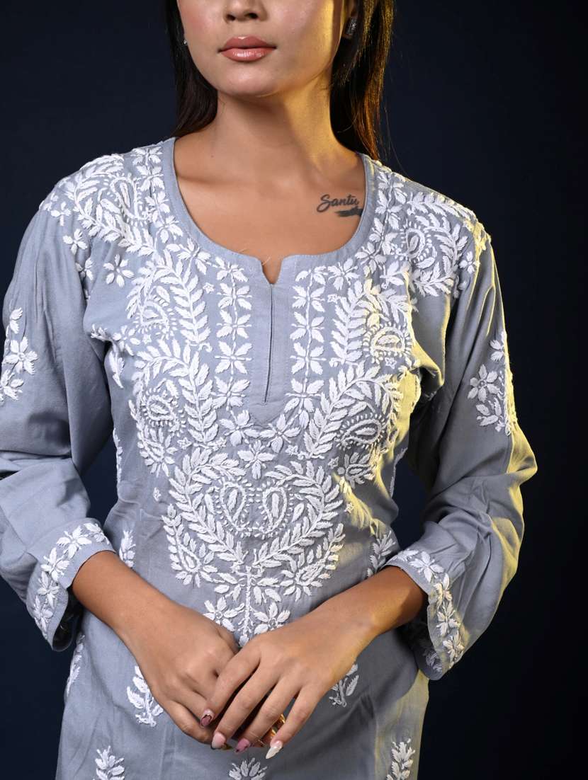 women long sleeve straight chikankari kurti - 22268716 -  Standard Image - 4