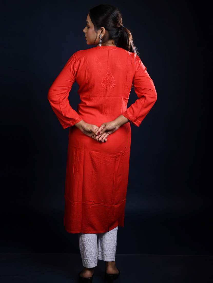 women three quarter sleeve straight chikankari kurta - 22268724 -  Standard Image - 1