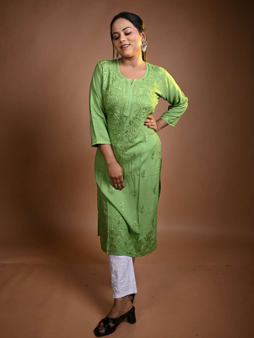 women three quarter sleeve straight chikankari kurta