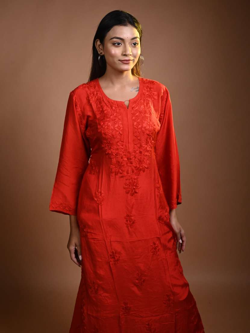 women long sleeve straight chikankari kurta - 22268737 -  Standard Image - 1