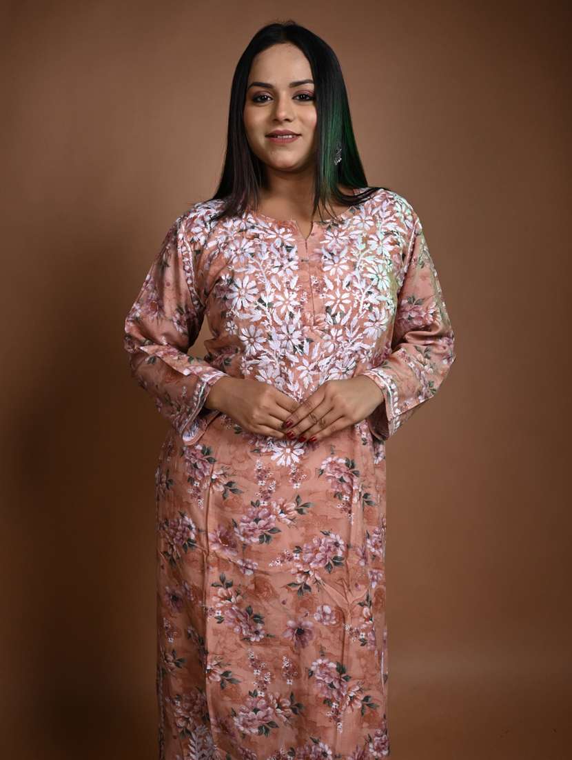 women floral long sleeve chikankari straight kurta - 22268759 -  Standard Image - 1